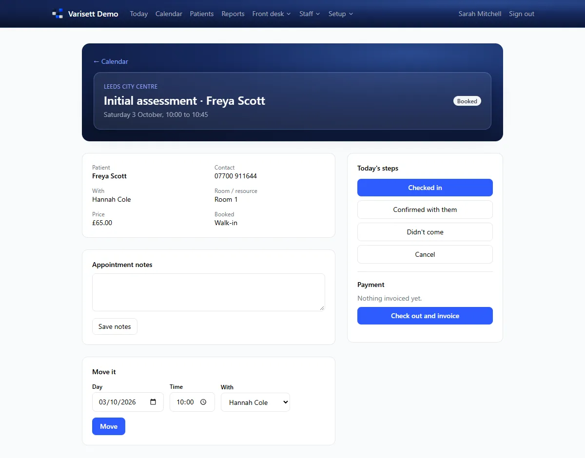 An appointment: today's steps, payment and moving it. Shown with example data.