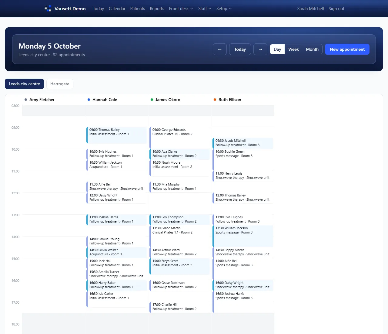 The diary: a site's day with a column per person, showing each appointment's service and room. Shown with example data.
