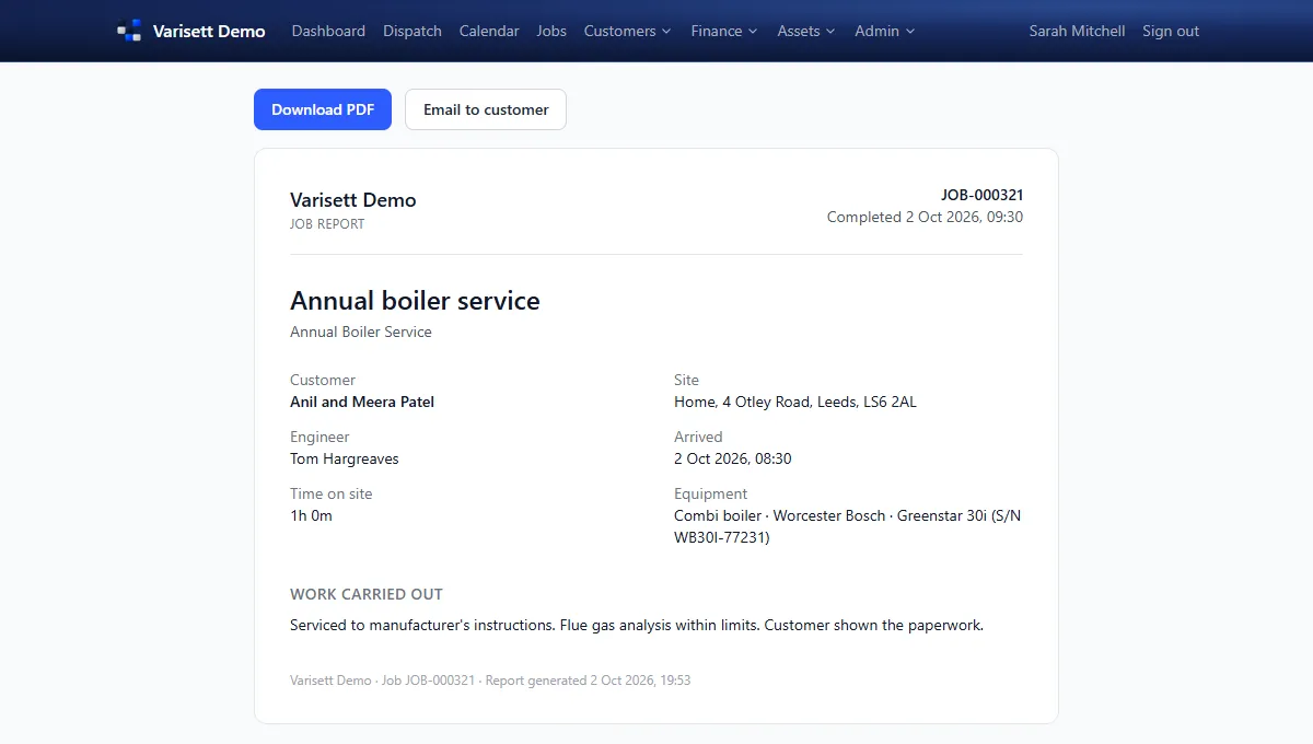 The job report, ready as a PDF or on the customer's portal. Shown with example data.