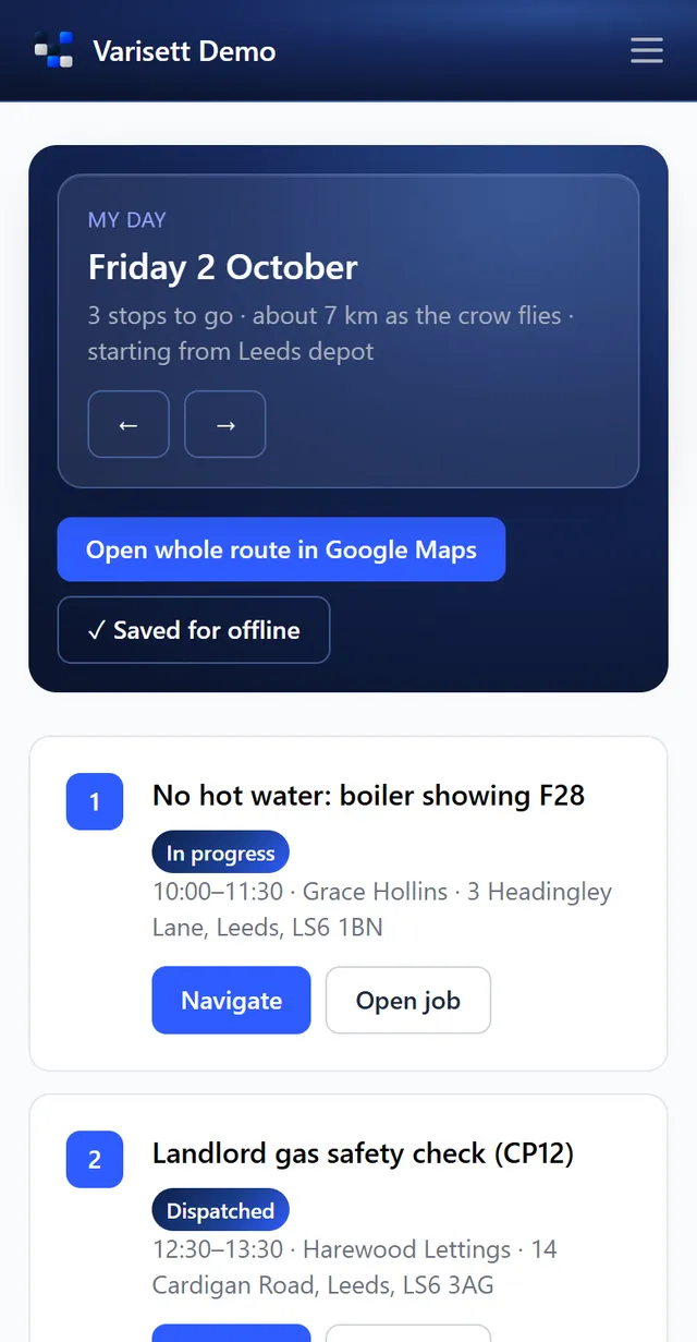 Tom's route: stops in order, navigation, and the day saved to the phone. Shown with example data.