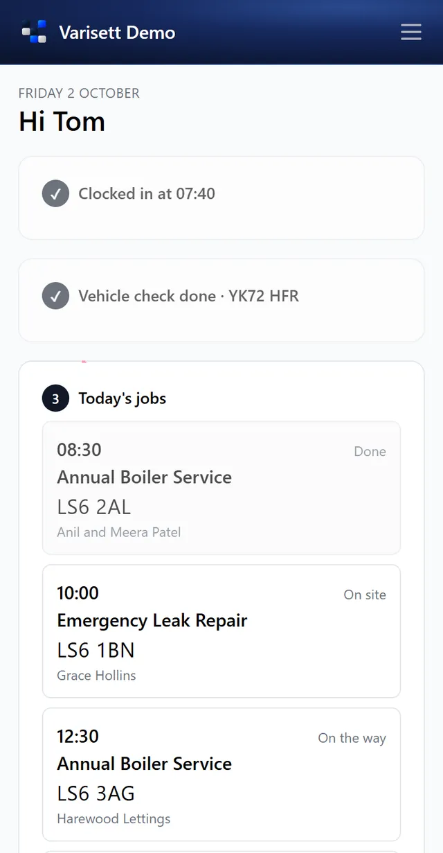 From the engineer's guide: clock in, the van check, then the day's jobs. Shown with example data.