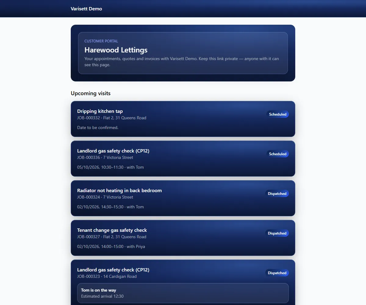 The customer's portal: upcoming visits, and when the engineer is on the way. Shown with example data.