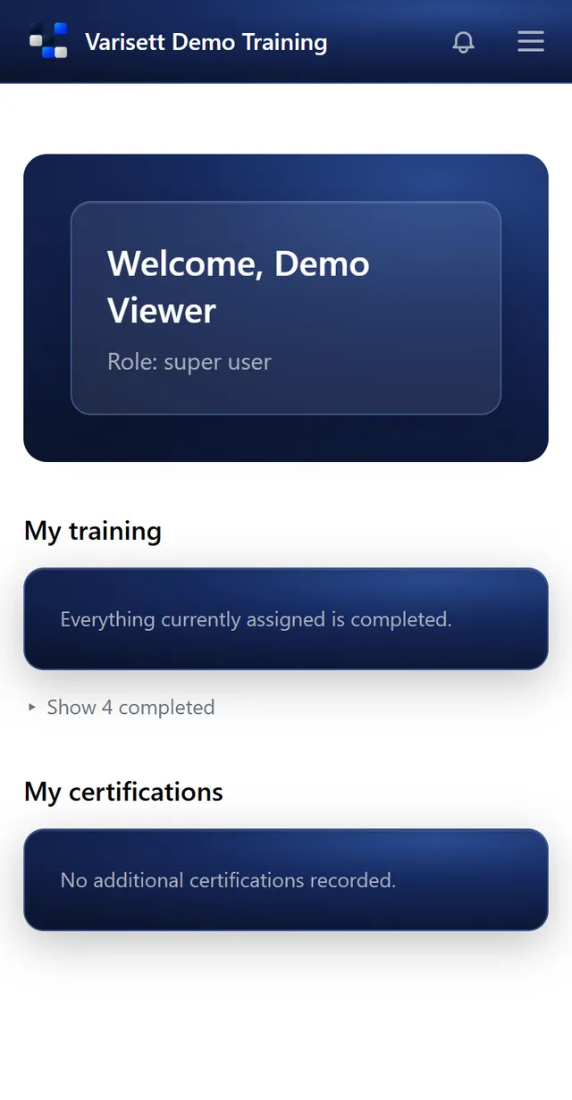 A person's own page: what they need to do, what's done, and their certifications. Shown with example data.