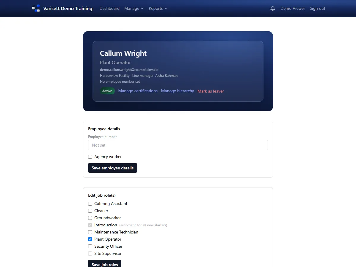 One person's record: job roles, line manager and each piece of training with its status. Shown with example data.