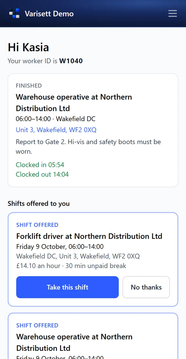 The worker's home page: today's shift and the shifts offered to them. Shown with example data.