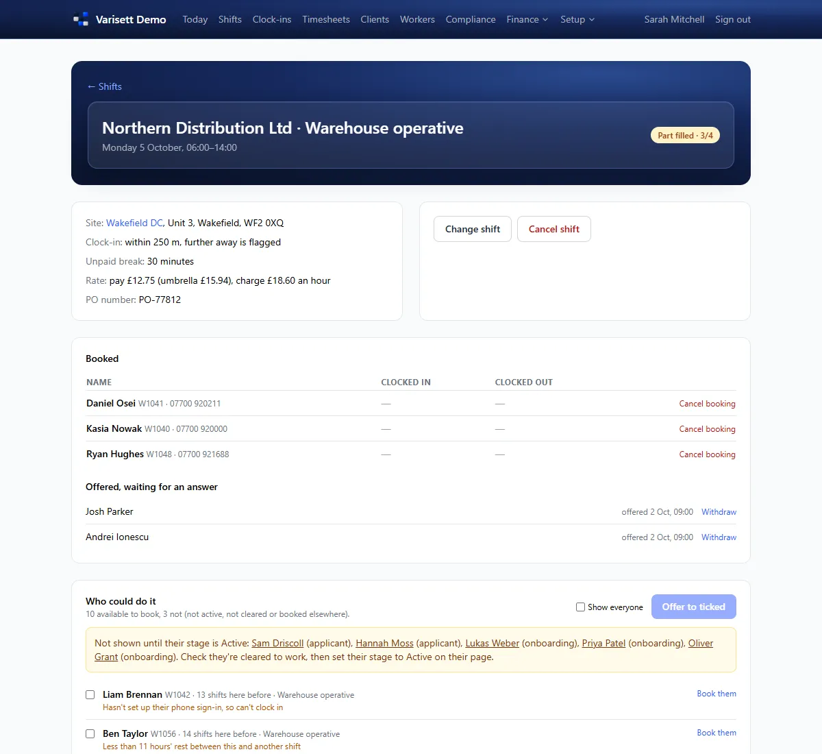 Filling a shift: who's booked, who's been offered it, and suggested workers with anything to check. Shown with example data.